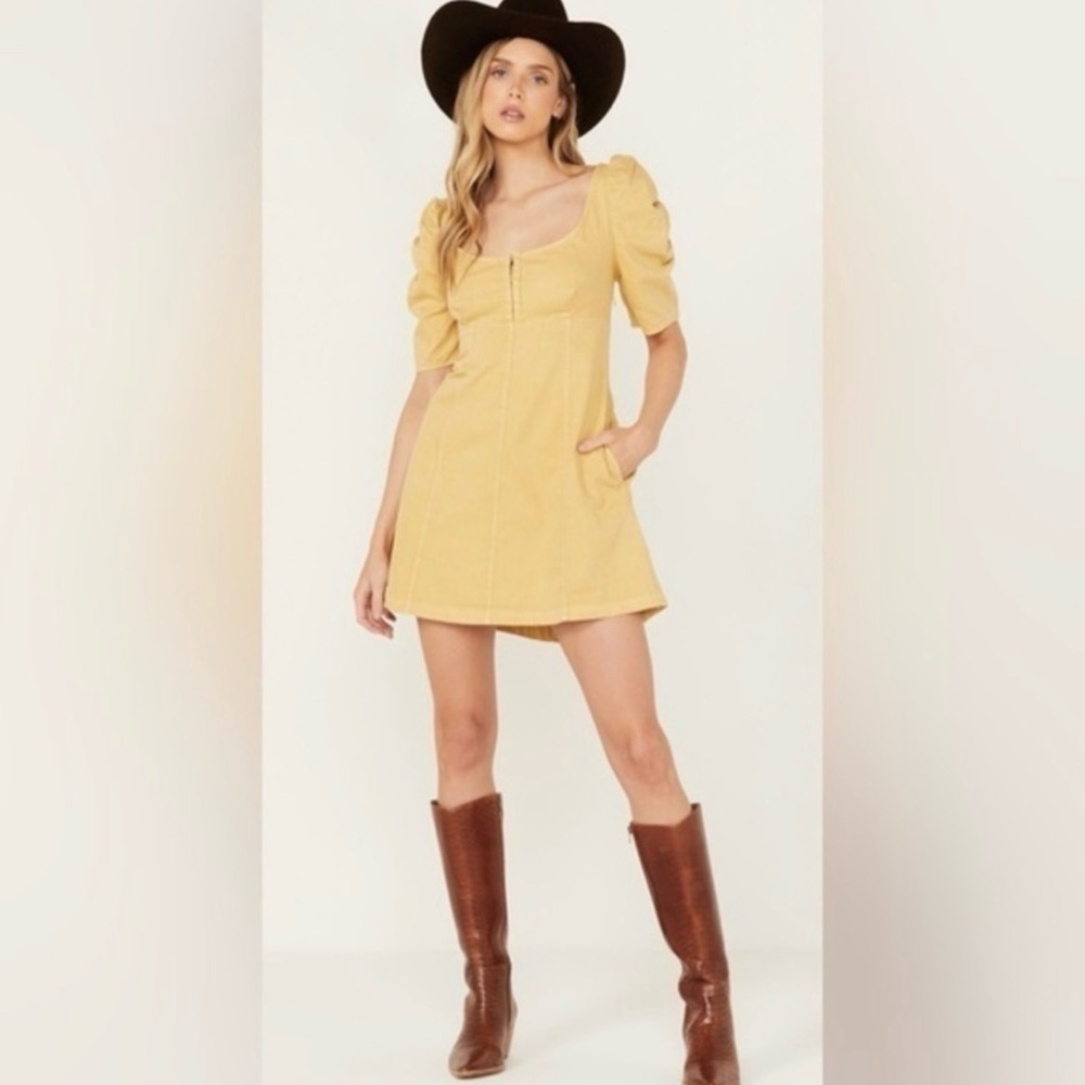 Free People Women's Cheyenne Denim Mini Dress Sand Dune Yellow Size S